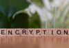 Drewniane klocki z napisem encryption symbolizujące szyfrowanie danych
