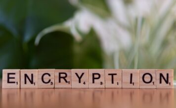 Drewniane klocki z napisem encryption symbolizujące szyfrowanie danych